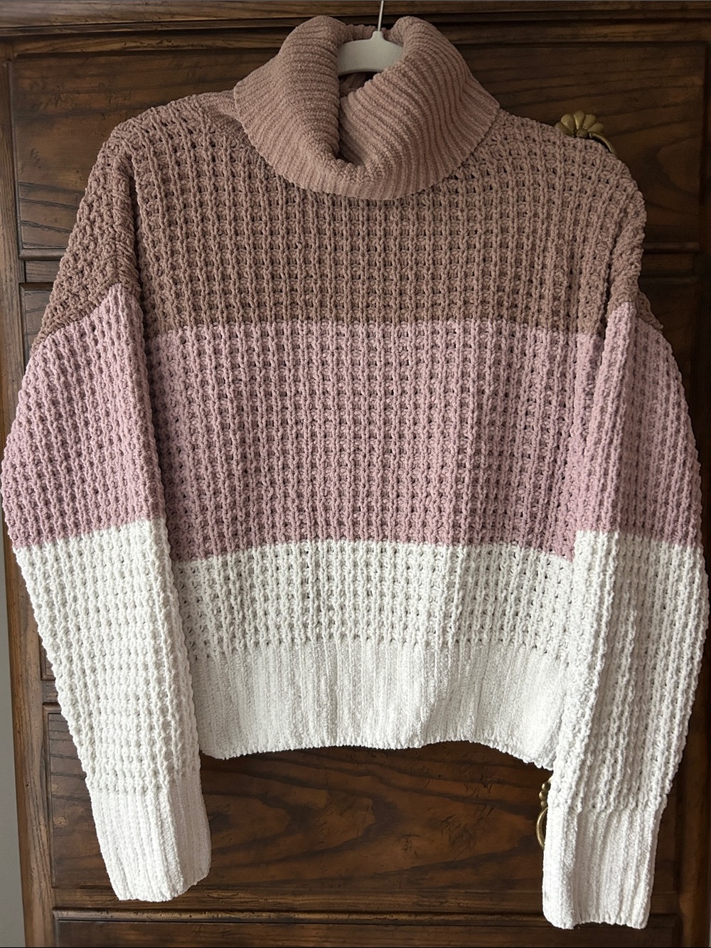 Pink Rose Colorblock Boxy, Chunky, Cowl Neck Sweater in Pink, Cream, Tan, Size S
